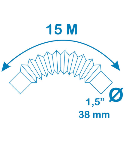 Blue EDM 15m garden hose with 3.8cm diameter, suitable for pools, jacuzzis, and garden watering.