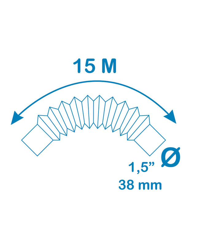 Blue EDM 15m garden hose with 3.8cm diameter, suitable for pools, jacuzzis, and garden watering.