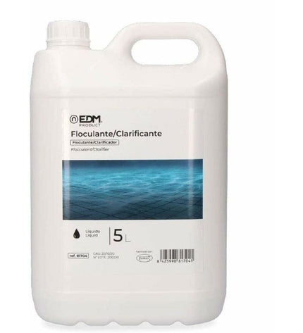 EDM 81704 5L zwembadwaterzuiveraar vloeistof for pools, jacuzzis, and garden water treatment, in a clear plastic bottle.