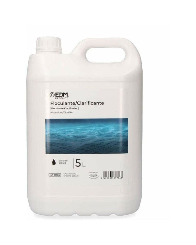 EDM 81704 5L zwembadwaterzuiveraar vloeistof for pools, jacuzzis, and garden water treatment, in a clear plastic bottle.