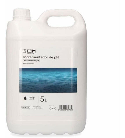 EDM PH-regelaar EDM 81705 for pools and jacuzzis, showing the device with digital controls and 5-liter liquid container.