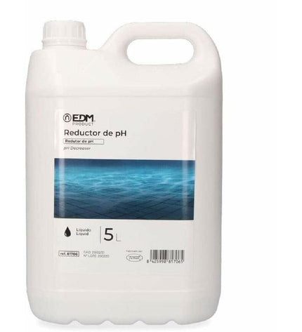 EDM EDM 81706 5L pH regulator liquid damper for garden, pool, jacuzzi, and spa maintenance, with a clear container and control valve.