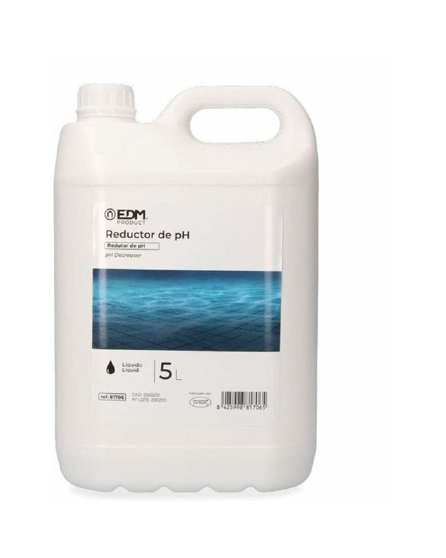 EDM EDM 81706 5L pH regulator liquid damper for garden, pool, jacuzzi, and spa maintenance, with a clear container and control valve.