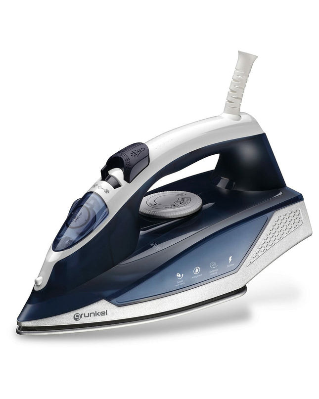 Grunkel PL-22NS steam iron with 2200W power, shown with its sleek design and control dial for effective home ironing.