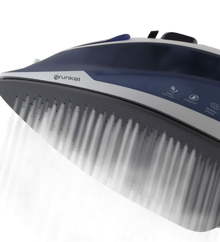 Grunkel PL-22NS steam iron with 2200W power, white and silver color, showing the soleplate and water tank.