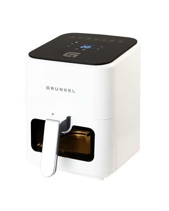 Black Grunkel air fryer with 4L capacity and 1200W power, compact electric kitchen appliance for healthy frying.