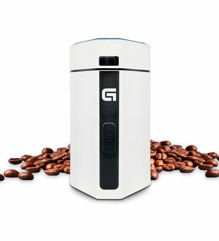 White Grunkel MO-150BL electric coffee grinder with 150W motor and 50g capacity for home use, suitable for coffee and tea preparation.