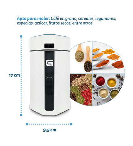 Grunkel MO-150BL 150W white electric coffee grinder with 50g capacity, ideal for home kitchen use.