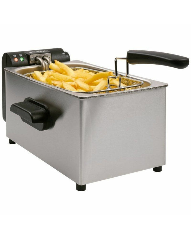 Grunkel FRYPRO-3SS 2000W silver stainless steel deep fryer with 3-liter capacity, compact kitchen appliance for frying.