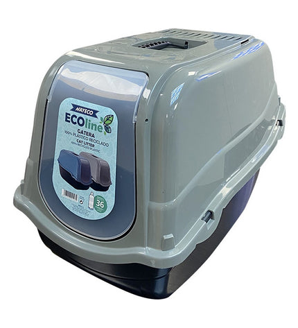 Nayeco Eco line cat door for pets, measuring 57x39x41 cm, installed in a door with a close-up view of the pet entry.