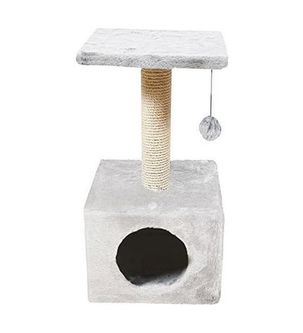 Light gray Nayeco Savanna cat tree with multiple platforms and scratching posts, measuring 60x30x30 cm, designed for indoor cats.