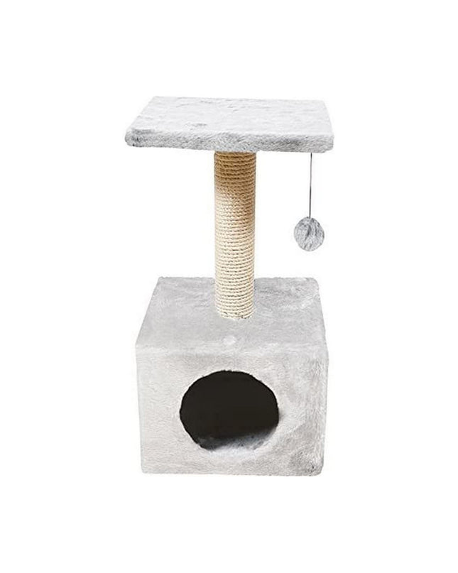 Light gray Nayeco Savanna cat tree with multiple platforms and scratching posts, measuring 60x30x30 cm, designed for indoor cats.
