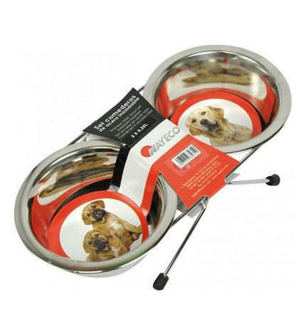 Nayeco stainless steel dog food bowl with two 350ml compartments, suitable for feeding dogs.