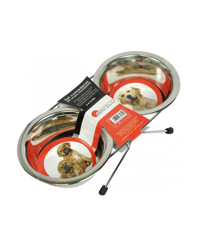 Nayeco stainless steel dog food bowl with two 350ml compartments, suitable for feeding dogs.