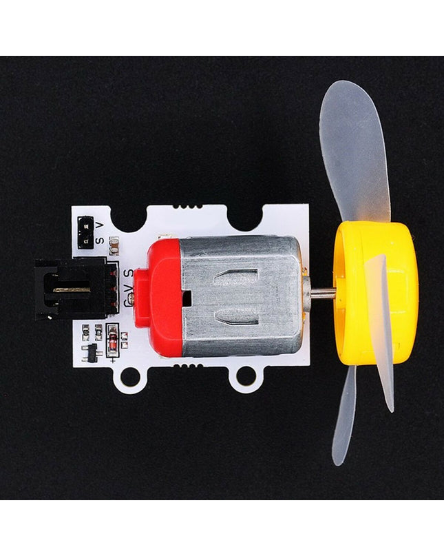 Ebotics DC motor for educational robot Ebotics, electronic toy and game, showing the small black motor with wires on a white background.