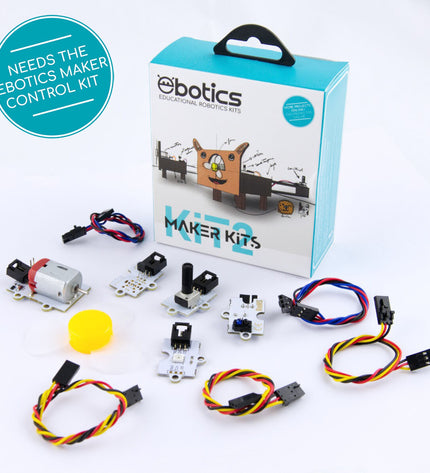Ebotics Robotica Kit Maker 2 electronic toy set with colorful components and parts for building robots and interactive projects.