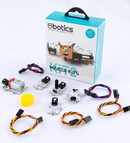 Ebotics Robotica Kit Maker 2 electronic toy set with colorful robotic components and tools for building and programming fun robots.