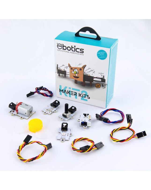 Ebotics Robotica Kit Maker 2 electronic toy set with colorful robotic components and tools for building and programming fun robots.