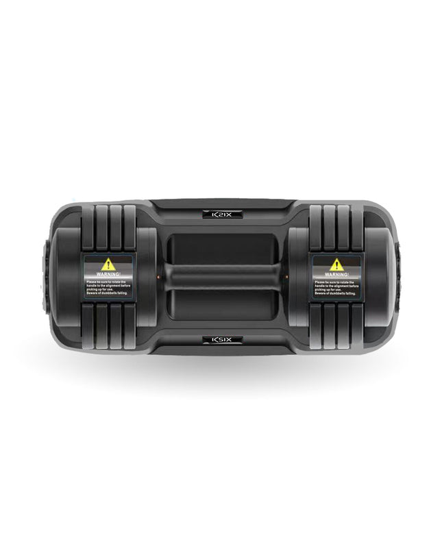 Black KSIX dumbbells for fitness and outdoor exercise, shown stacked with textured handles and compact design.