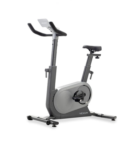 Refurbished Nexgim stationary exercise bike with Bluetooth 5.0, black frame, digital display, and adjustable seat for indoor fitness.