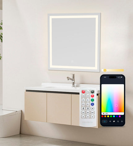 Square KSIX Aqua E bathroom mirror with built-in LED lighting, 36W, 1300 lumens, featuring sleek modern design for bathrooms.