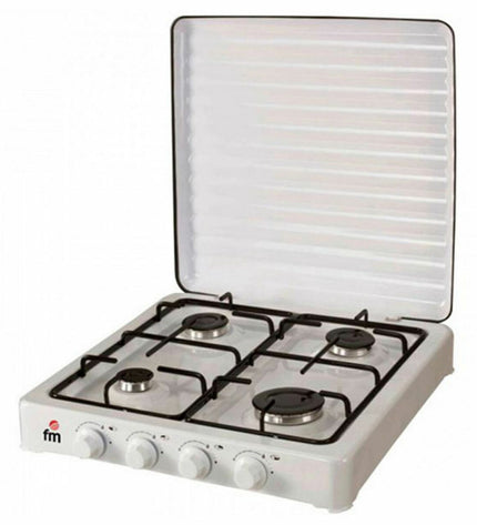 Grupo FM gasfornuis HG400 4F Wit outdoor camping stove with four burners, ideal for outdoor cooking and camping adventures.