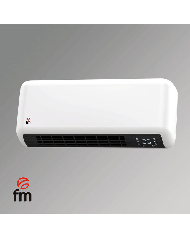 Grupo FM TS-20 portable white 2000W heater for home and cooking use, showing the compact design and control panel.