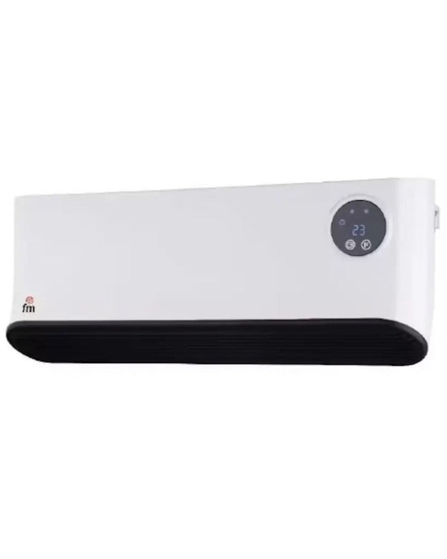 Grupo FM TS-22 white portable heater with 2200W for home heating and cooling, shown in a modern living room setting.