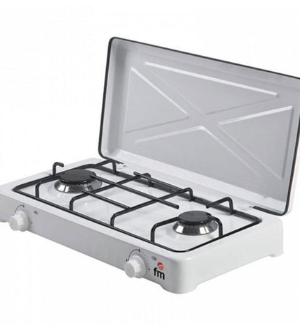 Grupo FM gasfornuis HG-200 outdoor camping stove with burners, control knobs, and compact design for outdoor cooking.