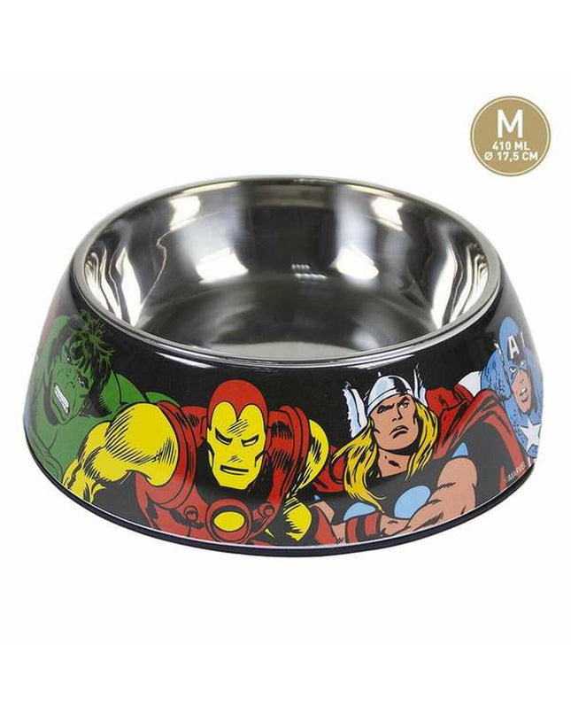 Marvel Melamine dog feeding bowl with 410 ml capacity, featuring a colorful Marvel design for dog feeding.