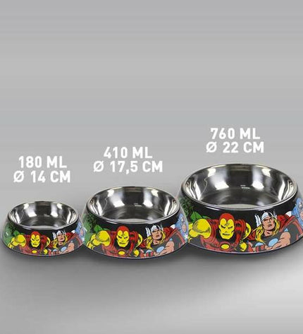 Marvel melamine dog food bowl, 760 ml, with Marvel logo, featuring a colorful dog design for feeding pets.