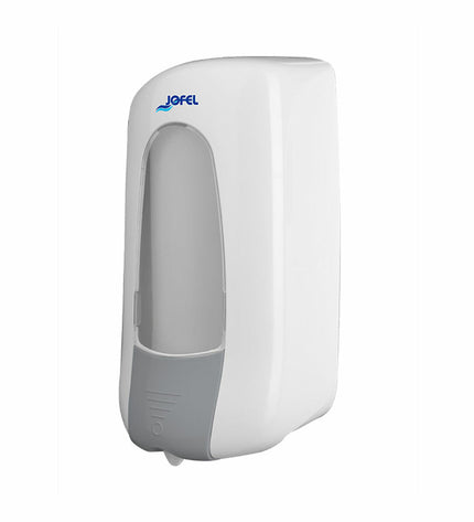 Jofel AC73000 1L soap dispenser for bathroom and kitchen, mounted on wall with pump and transparent container.