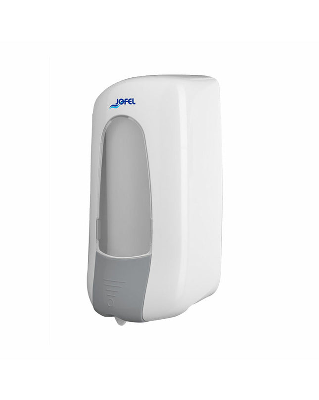 Jofel AC73000 1L soap dispenser for bathroom and kitchen, mounted on wall with pump and transparent container.