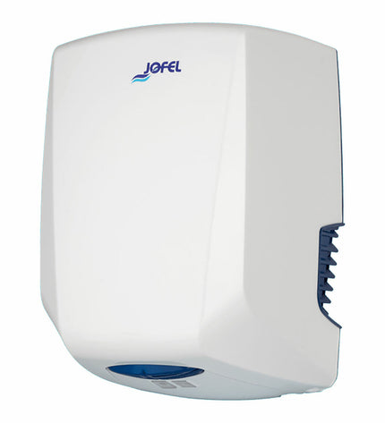 Jofel Power+ 800W hand dryer in white, suitable for bathroom and kitchen, mounted on a wall with a sleek design.