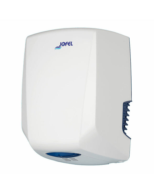 Jofel Power+ 800W hand dryer in white, suitable for bathroom and kitchen, mounted on a wall with a sleek design.