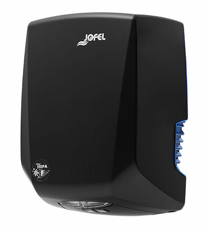 Jofel Power+ black hand dryer with 800W power mounted on bathroom wall in a home or kitchen setting