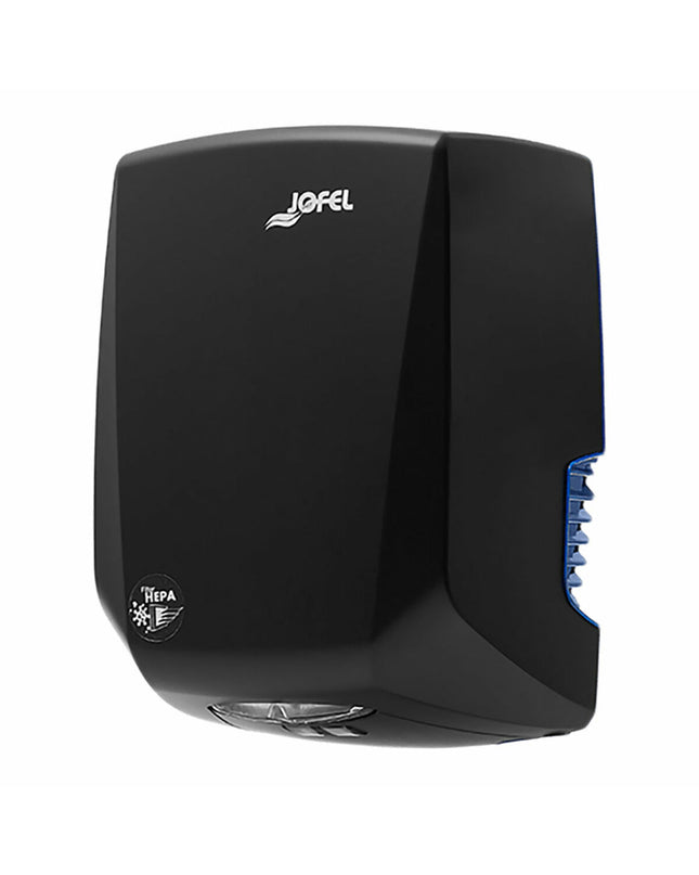 Jofel Power+ black hand dryer with 800W power mounted on bathroom wall in a home or kitchen setting