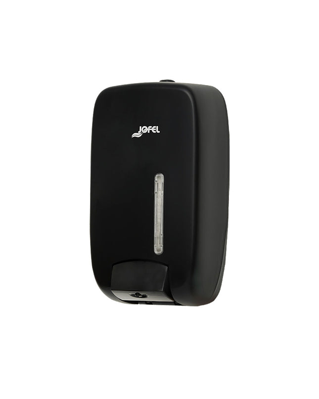 Jofel Timeless black 1L soap dispenser for bathroom and kitchen, sleek design for hygienic handwashing.