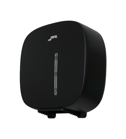 Black Jofel Timeless toilet paper holder mounted on bathroom wall for easy access and modern bathroom decor.