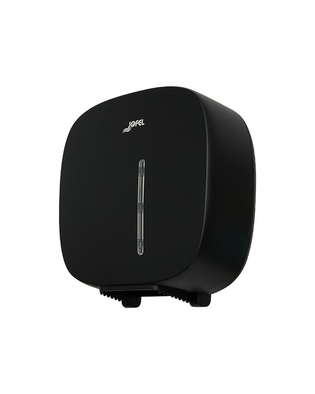 Black Jofel Timeless toilet paper holder mounted on bathroom wall for easy access and modern bathroom decor.