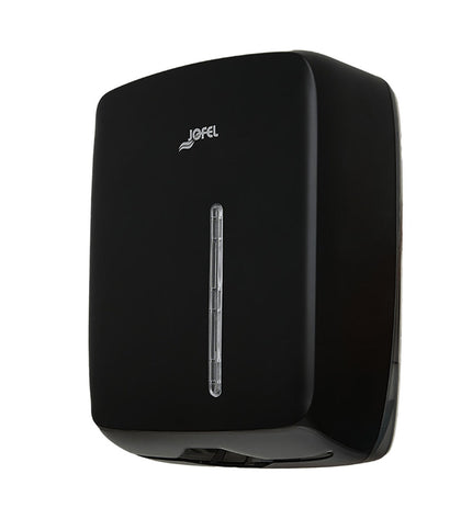 Jofel Zig-Zag Timeless black paper dispenser for bathroom and kitchen use, wall-mounted with a modern zig-zag design.