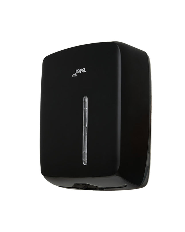Jofel Zig-Zag Timeless black paper dispenser for bathroom and kitchen use, wall-mounted with a modern zig-zag design.