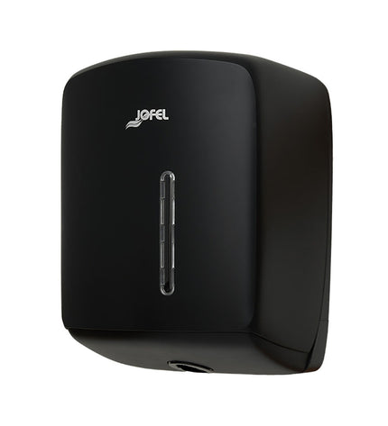 Jofel Mecha Timeless black paper dispenser for bathroom and kitchen, mounted on wall with sleek modern design