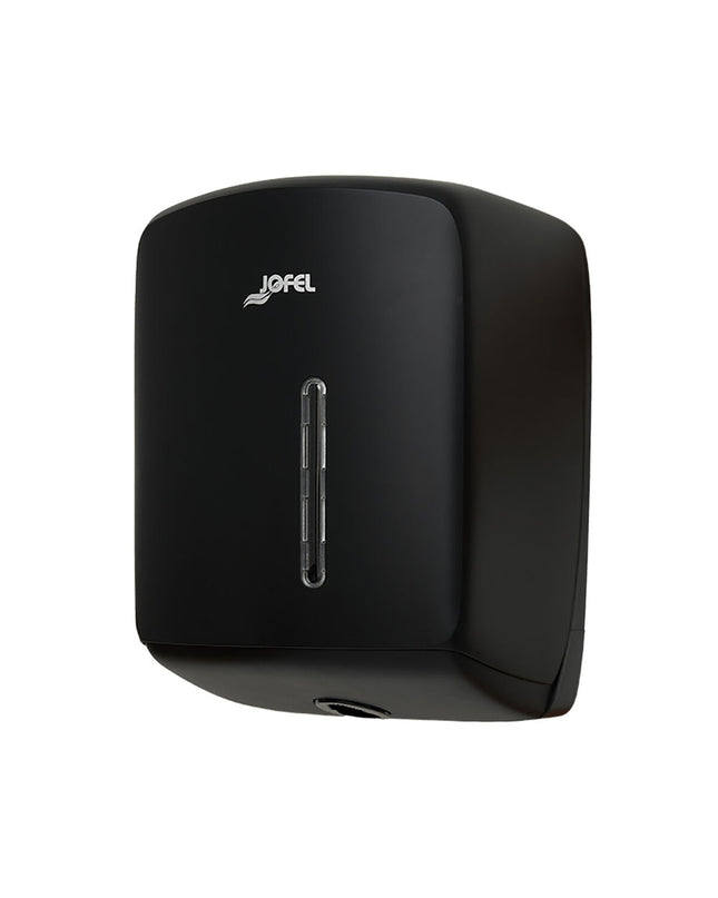 Jofel Mecha Timeless black paper dispenser for bathroom and kitchen, mounted on wall with sleek modern design