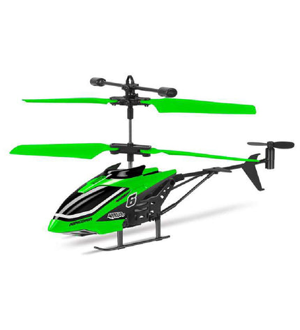 Black and green remote-controlled helicopter toy from Chicos, designed for children, with detailed rotor blades and sleek body.