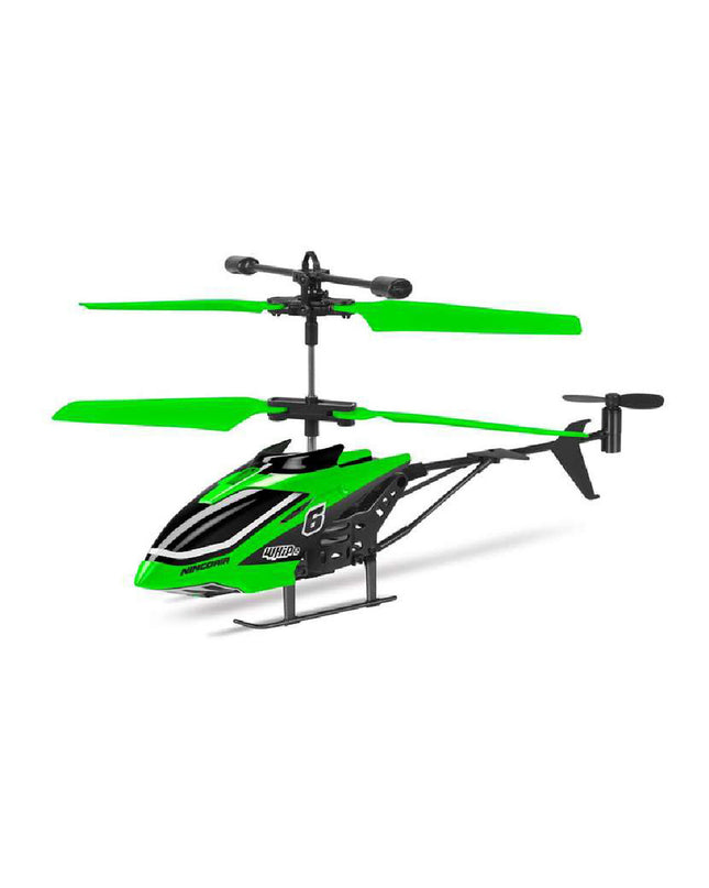 Black and green remote-controlled helicopter toy from Chicos, designed for children, with detailed rotor blades and sleek body.