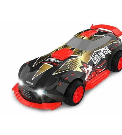 Ninco remote-controlled police car toy, black and white vehicle with police markings, designed for kids' play and racing fun.