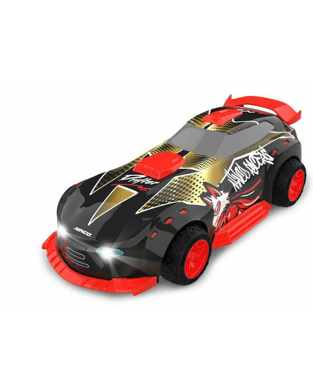 Ninco remote-controlled police car toy, black and white vehicle with police markings, designed for kids' play and racing fun.