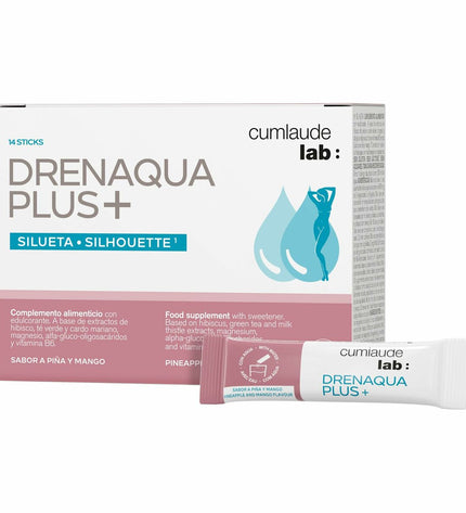 Cumlaude Lab DRENAQUA PLUS+ dietary supplement box with 14 capsules, for health, vitamins, minerals, and personal care.