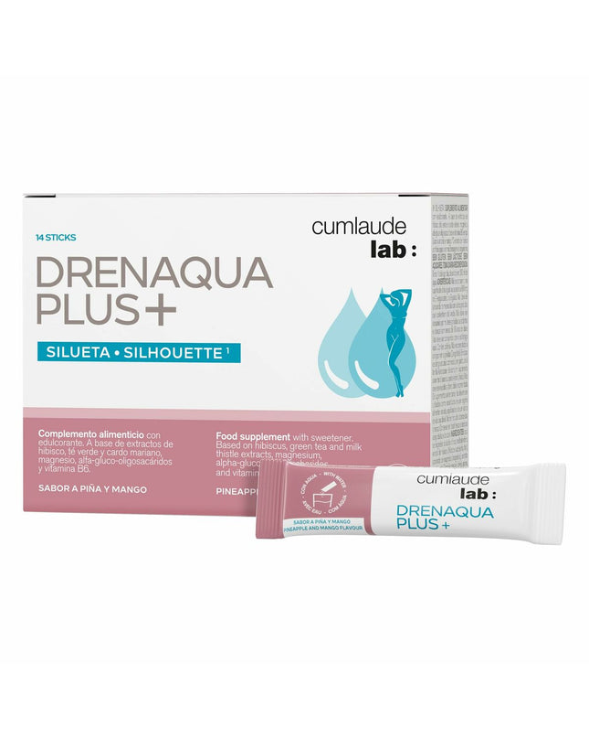 Cumlaude Lab DRENAQUA PLUS+ dietary supplement box with 14 capsules, for health, vitamins, minerals, and personal care.